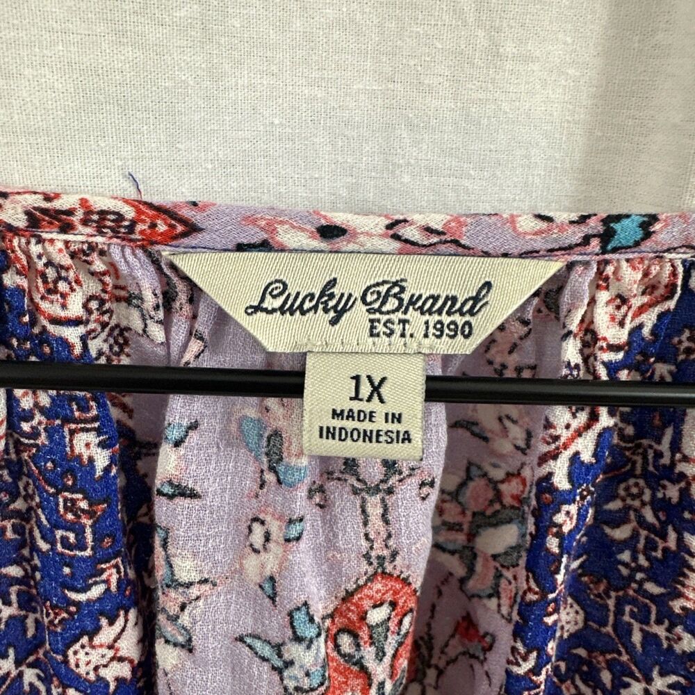 Lucky Brand Boho Blue Colorful Tie Popover Peasant Top Womens Sz 1X Festival - Picture 3 of 8